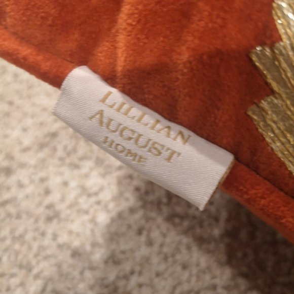 LILLIAN AUGUST Home Embroidered Gold leaves on rust velvet Bolster Pillow throw - Picture 4 of 4